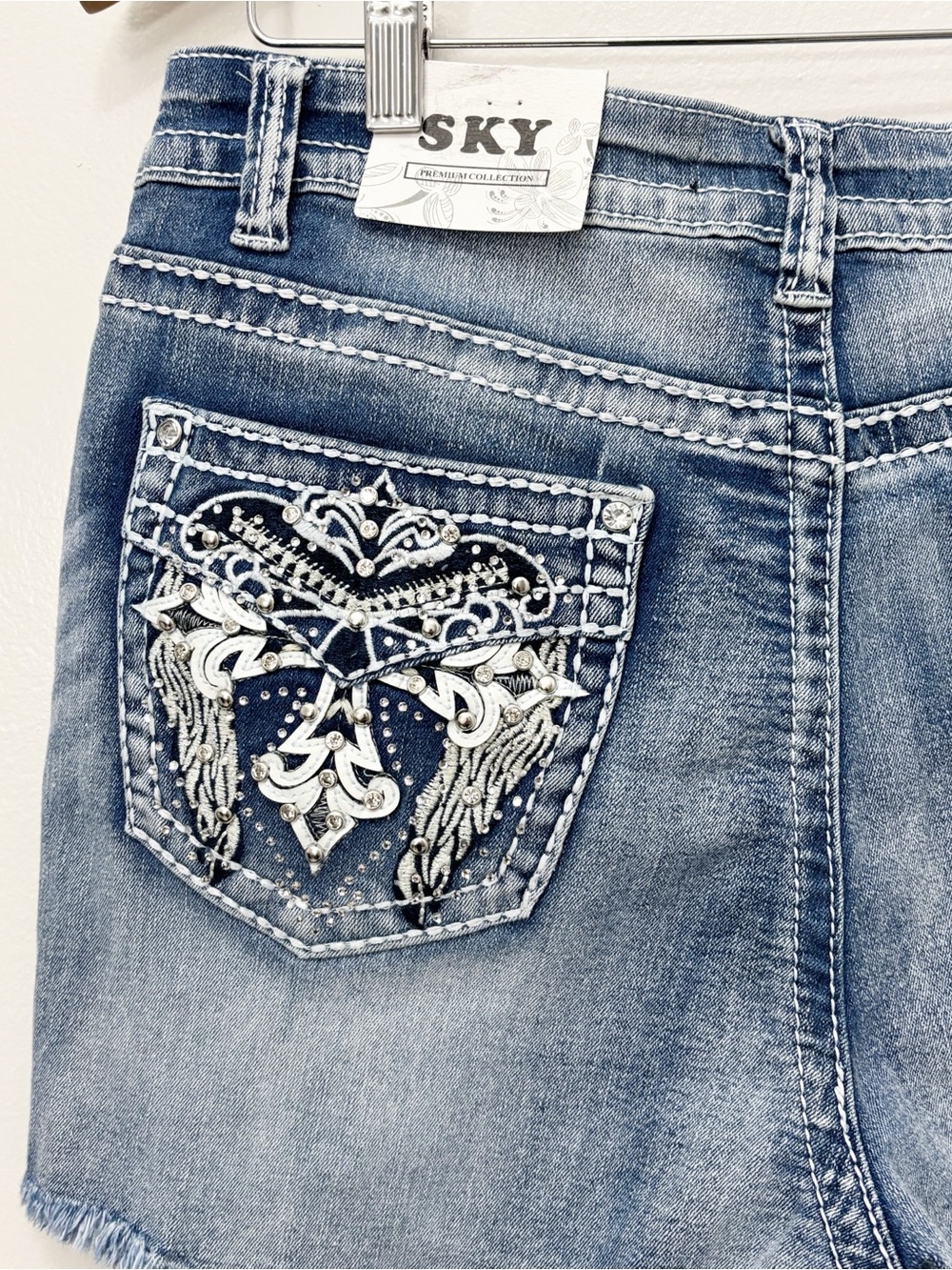 SKY Women’s Denim Rhinestone-Studded Angel Wing Embroidery Shorts Size 13/31